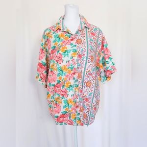 Mixed Blues Short Sleeve Button Down Top Floral Cotton Vintage Womens Medium